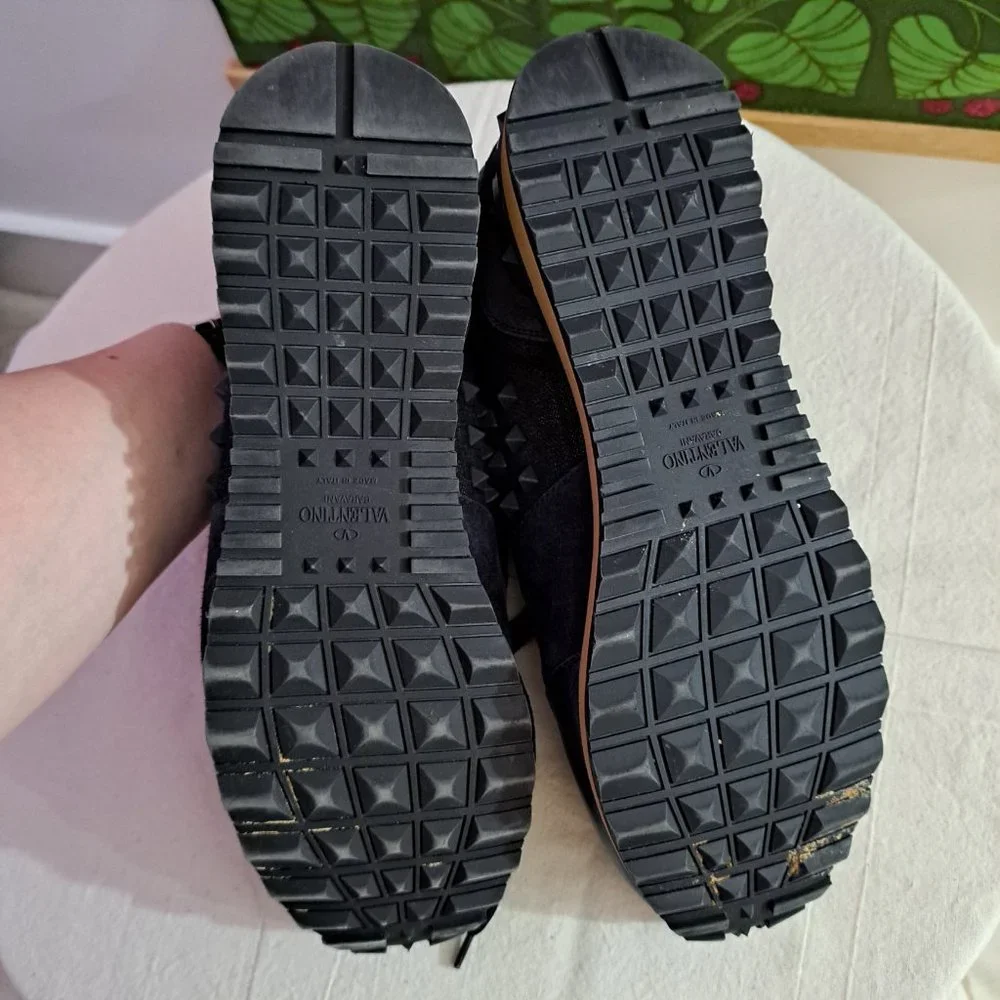 VALENTINO GARAVANI Rockstud Leather, Suede And Denim Sneakers In Navy - Picture 3 of 6